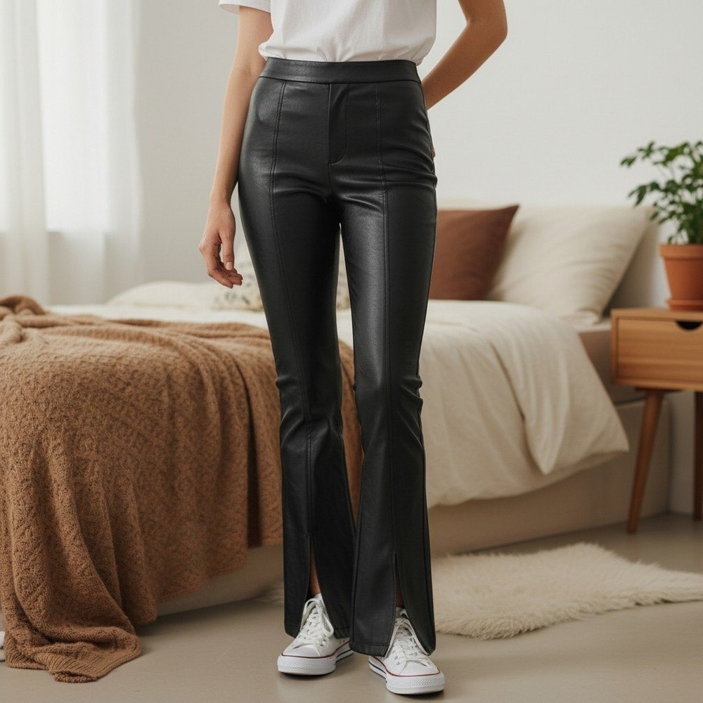 Wild Fable XS Faux Leather Split Hem Flare Pants Black Front Seam High Rise Boho